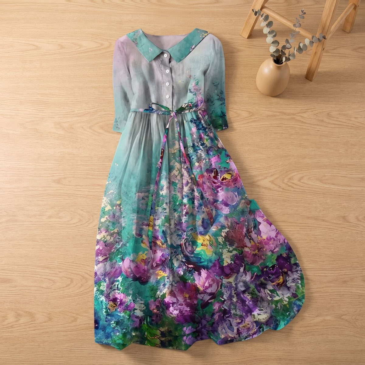 Women's Floral Print Belted 3/4 Sleeve Maxi Evening Dress - Ocean Green