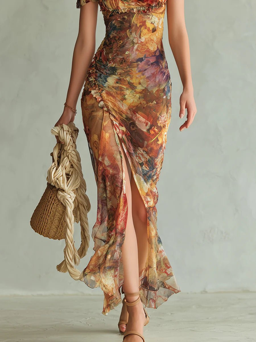 Women's Floral Print Chiffon Ruched Sweetheart Maxi Dress