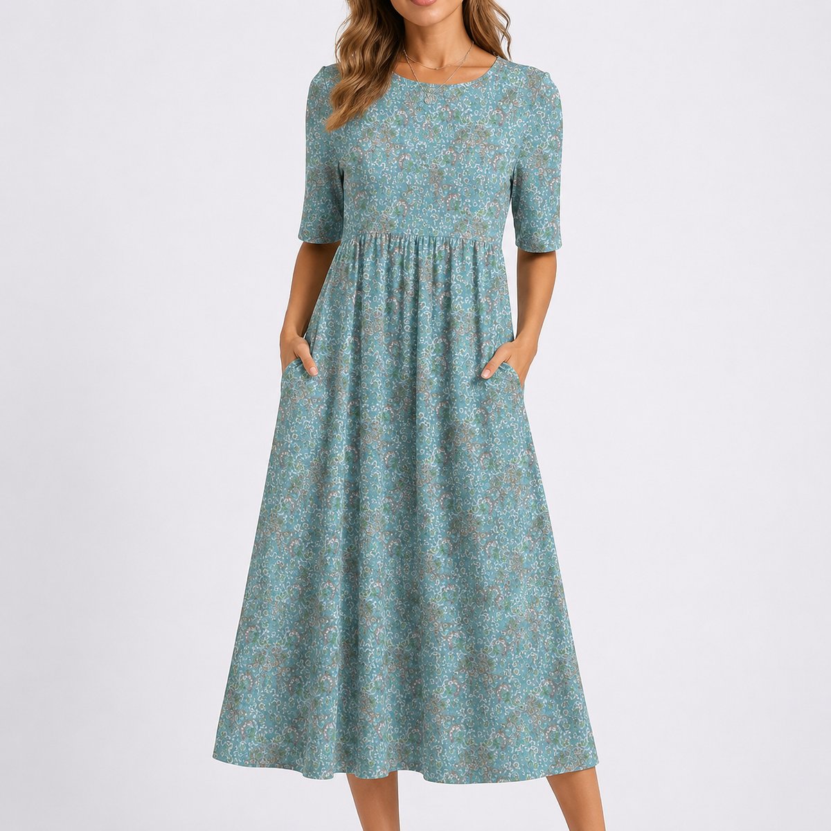 Women's Floral Print Empire-Waist Short-Sleeve Midi Dress