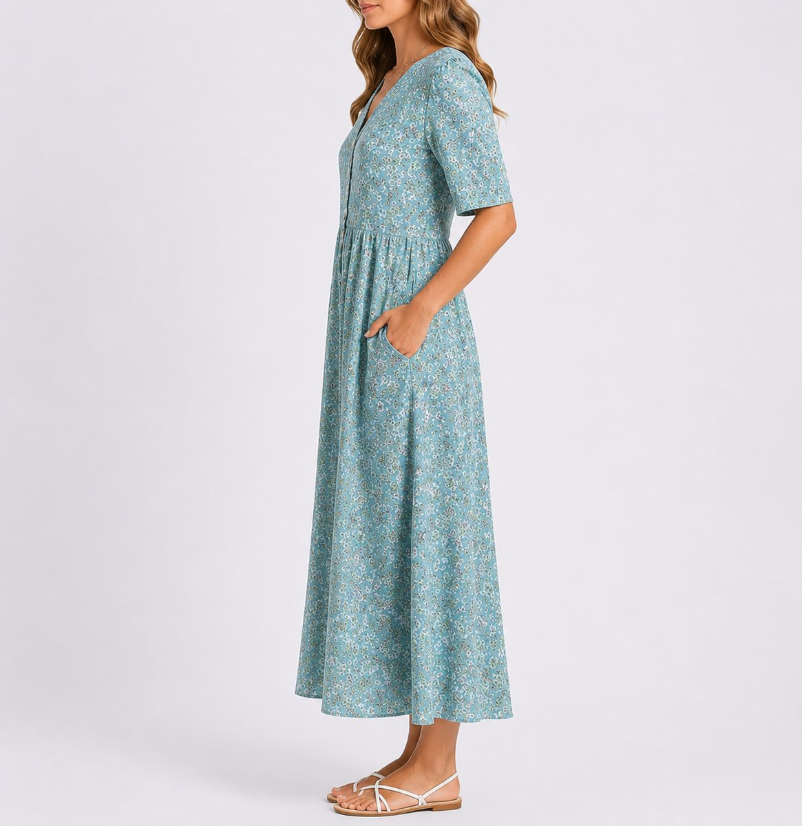 Women's Floral Print Empire-Waist Short-Sleeve Midi Dress