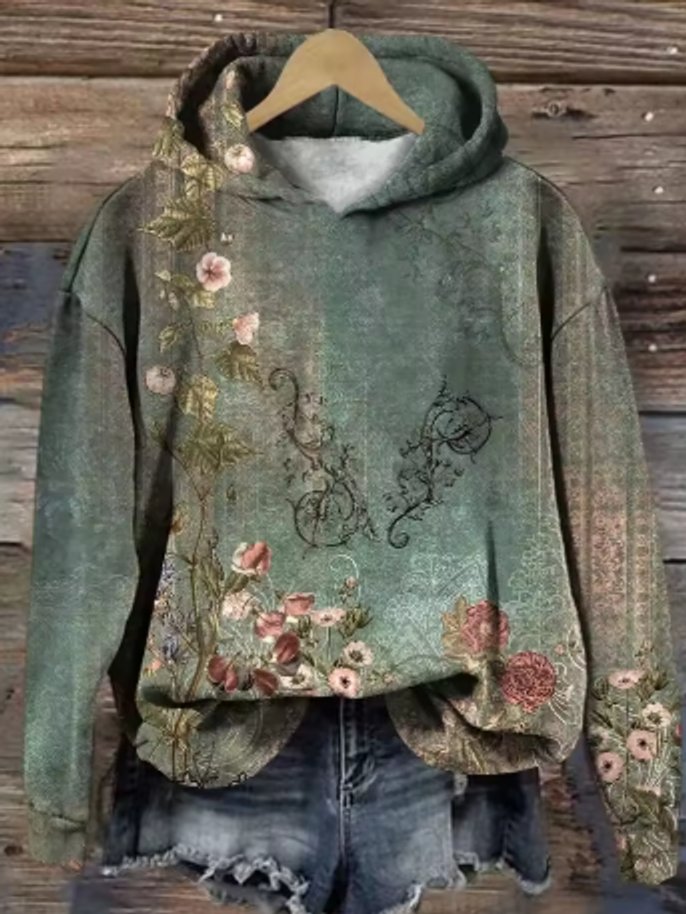Women's Floral Print Hooded Knit Sweater Relaxed Fit Pullover