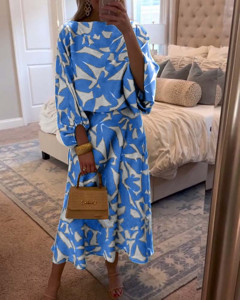 Women's Floral-Print Lantern-Sleeve Relaxed Two-Piece Midi Skirt Set - Blue