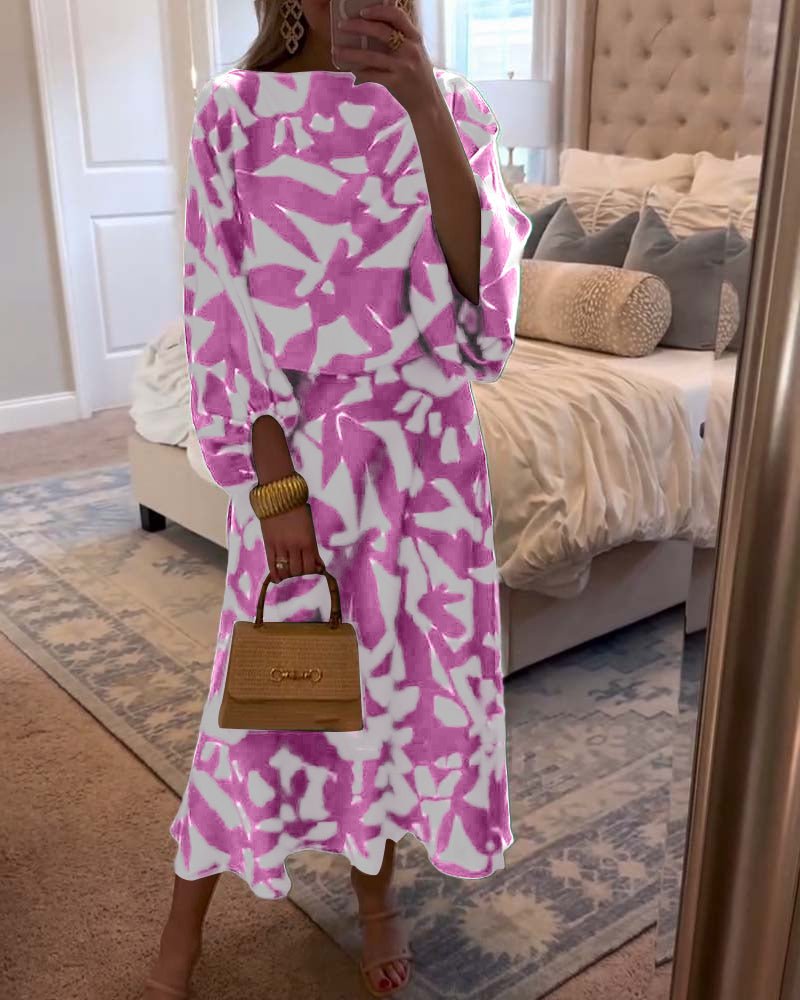 Women's Floral-Print Lantern-Sleeve Relaxed Two-Piece Midi Skirt Set - Pink