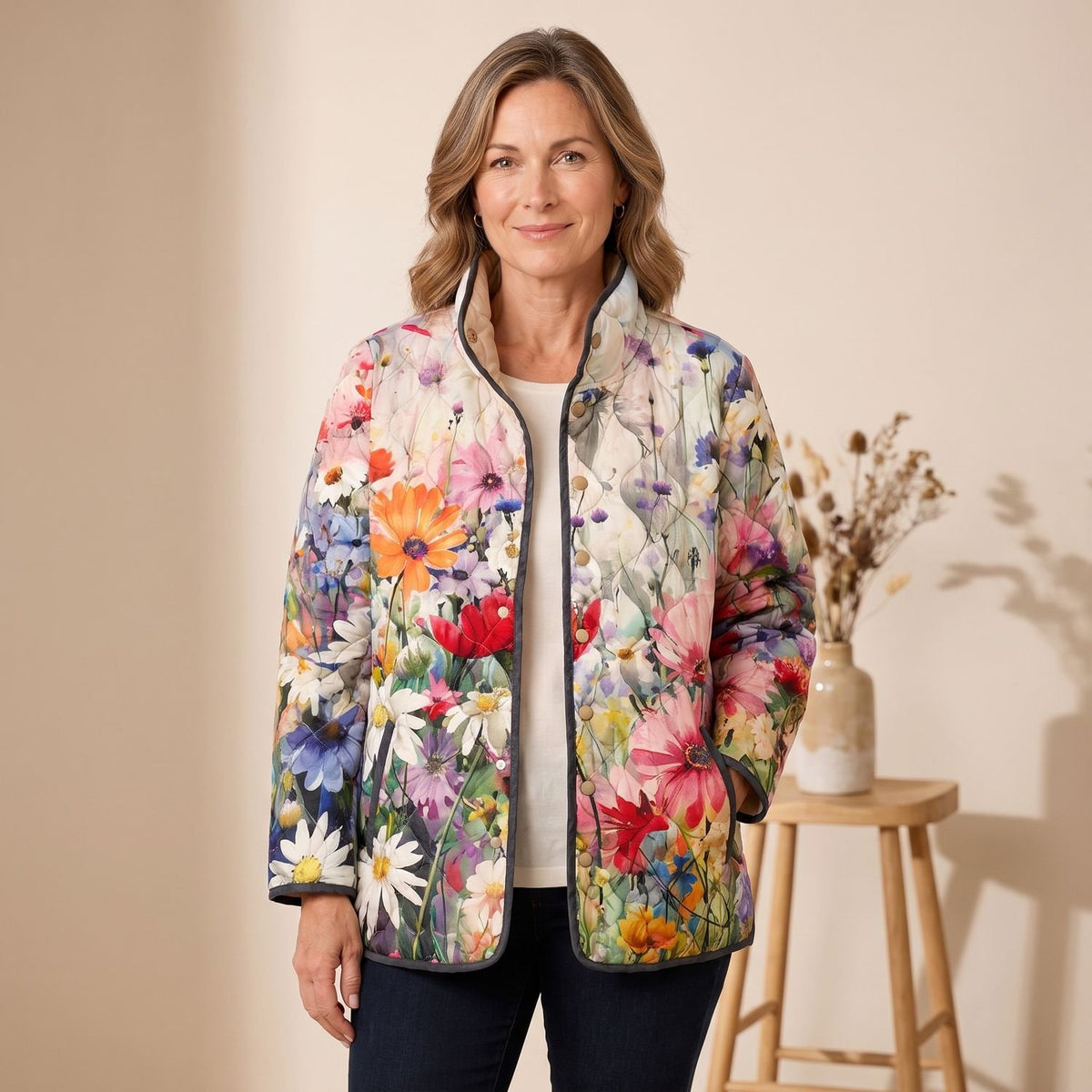 Women's Floral Print Lightweight Quilted Jacket - Multicolour Garden