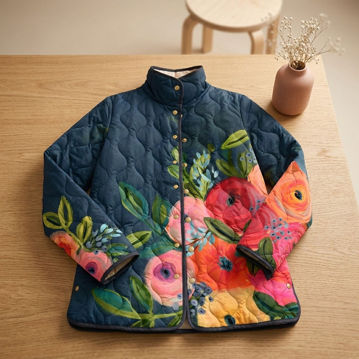 Women's Floral Print Lightweight Quilted Jacket - Dark Blue