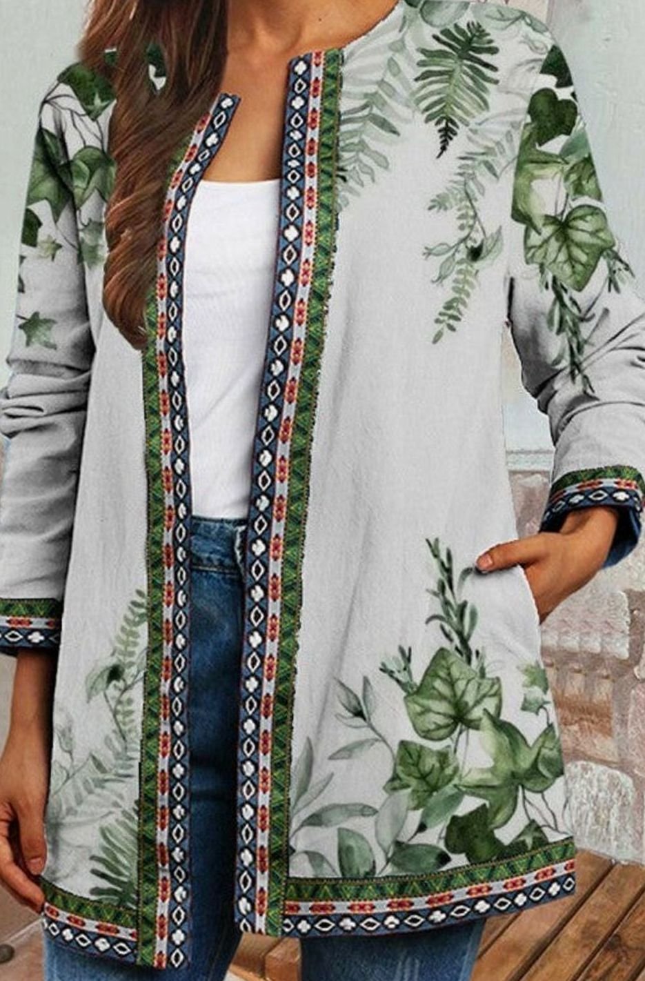 Women's Floral Print Open Front Cardigan Long Sleeve - Green