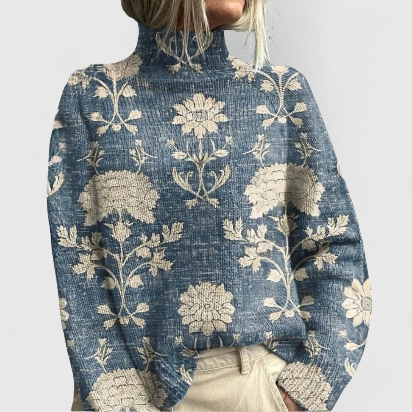 Women's Floral Print Relaxed-Fit Turtleneck Knit Jumper - Light Blue