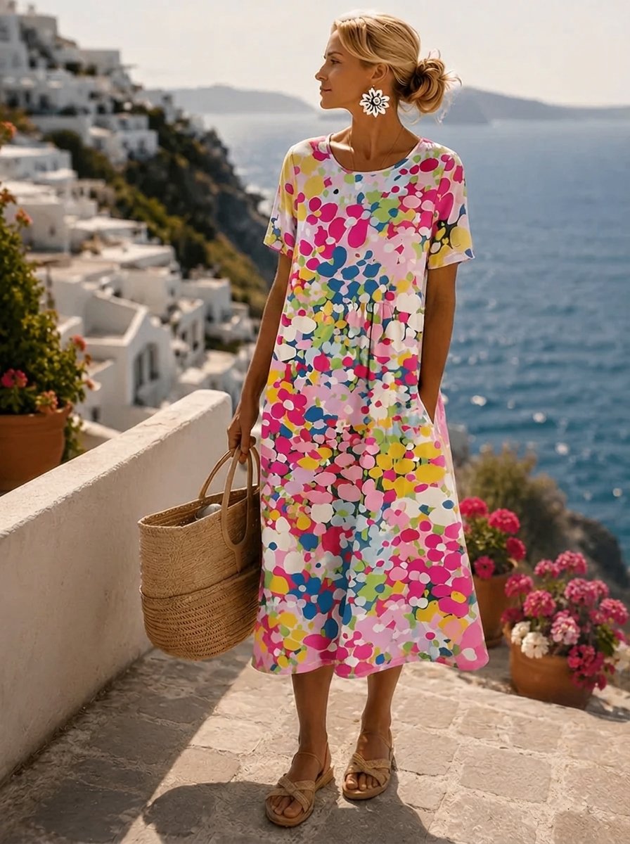 Women's Floral Print Short Sleeve Casual Midi Dress - Pink