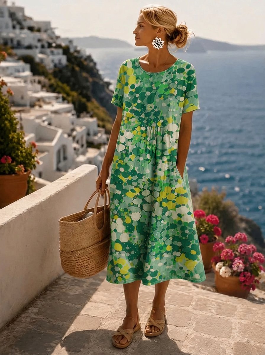 Women's Floral Print Short Sleeve Casual Midi Dress - Green
