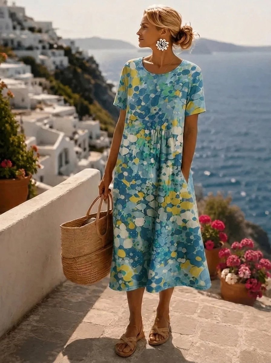 Women's Floral Print Short Sleeve Casual Midi Dress - Blue