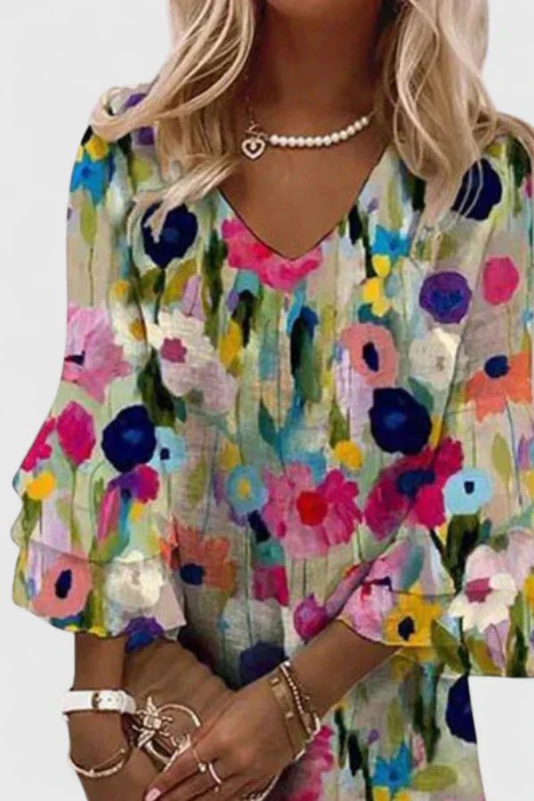 Women's Floral Print V-Neck Ruffle Sleeve Mini Dress