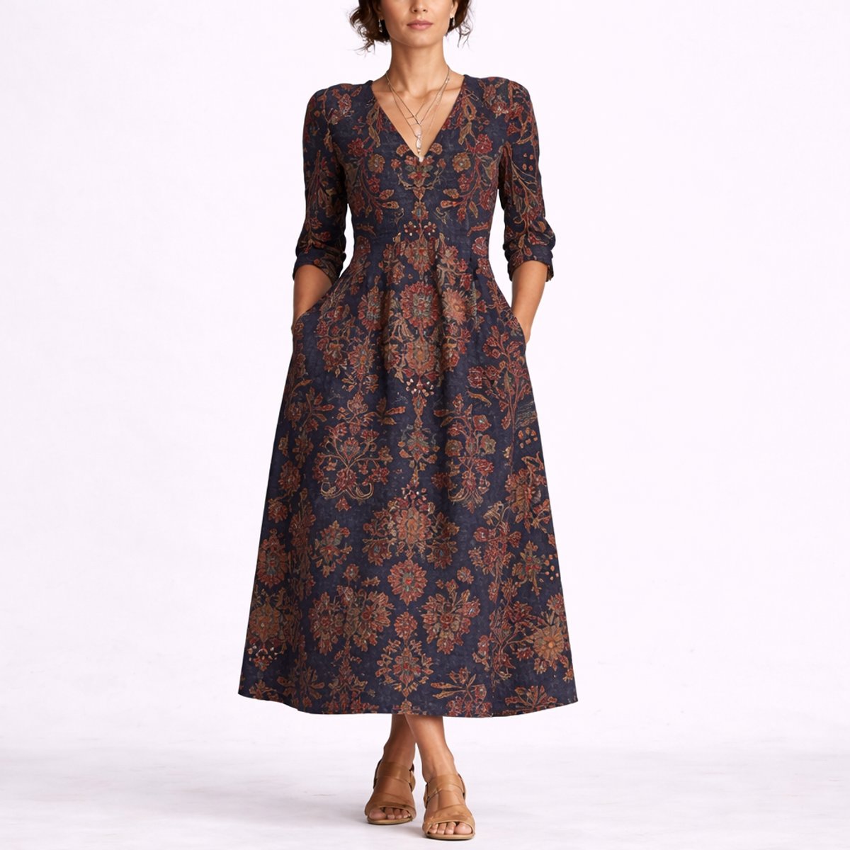 Women's Floral Printed V-Neck A-Line Midi Linen Dress - Multicolour
