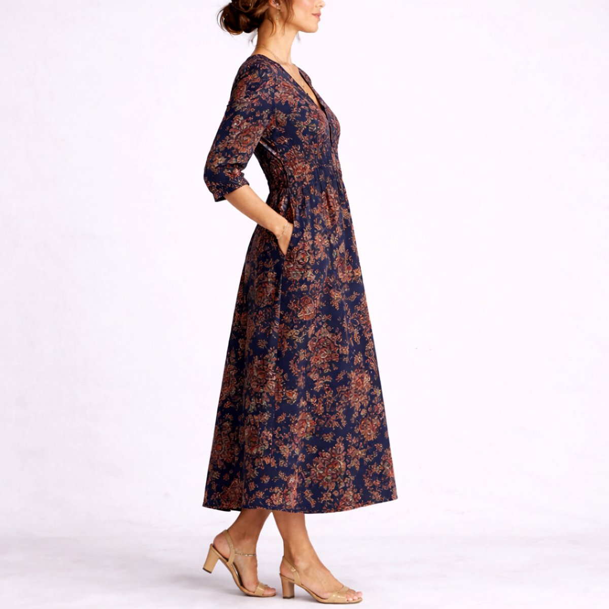 Women's Floral Printed V-Neck A-Line Midi Linen Dress