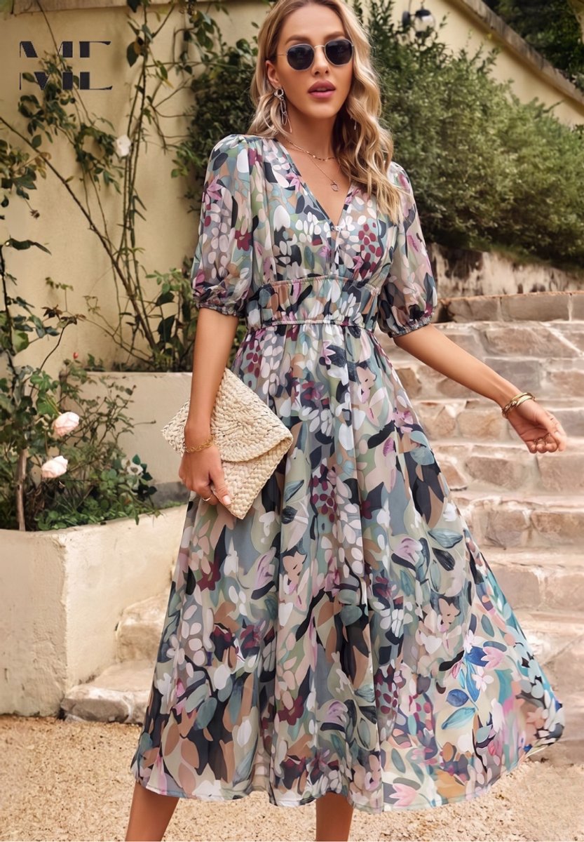 Women's Floral Puff Sleeve V-Neck Midi Dress - Floral