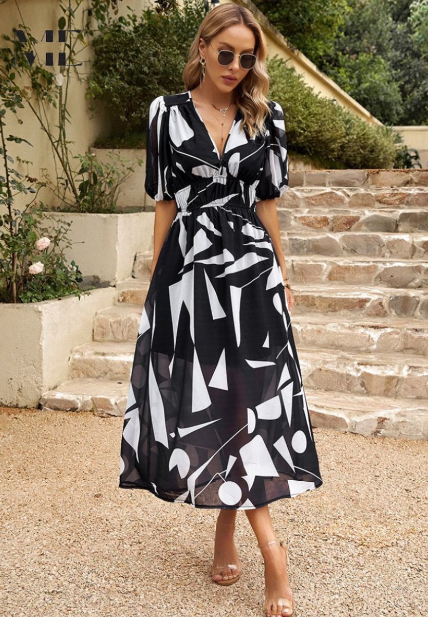 Women's Floral Puff Sleeve V-Neck Midi Dress - Black