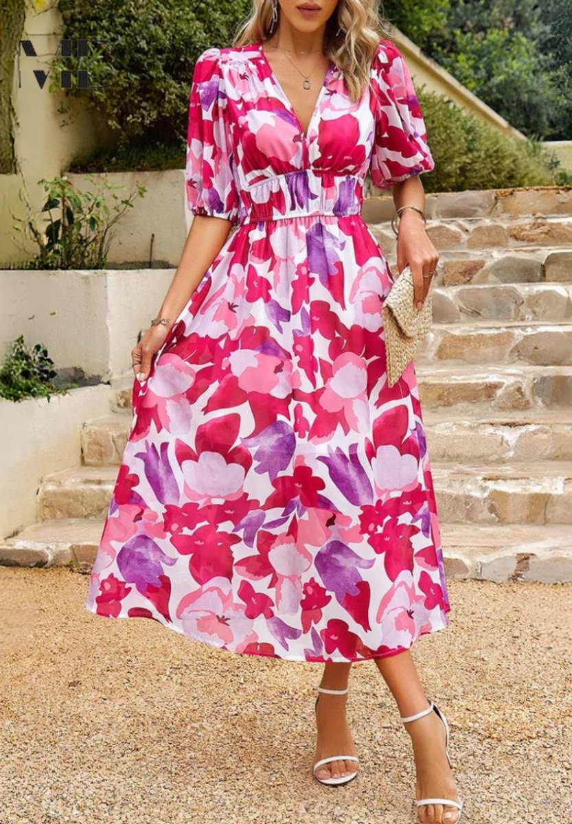 Women's Floral Puff Sleeve V-Neck Midi Dress