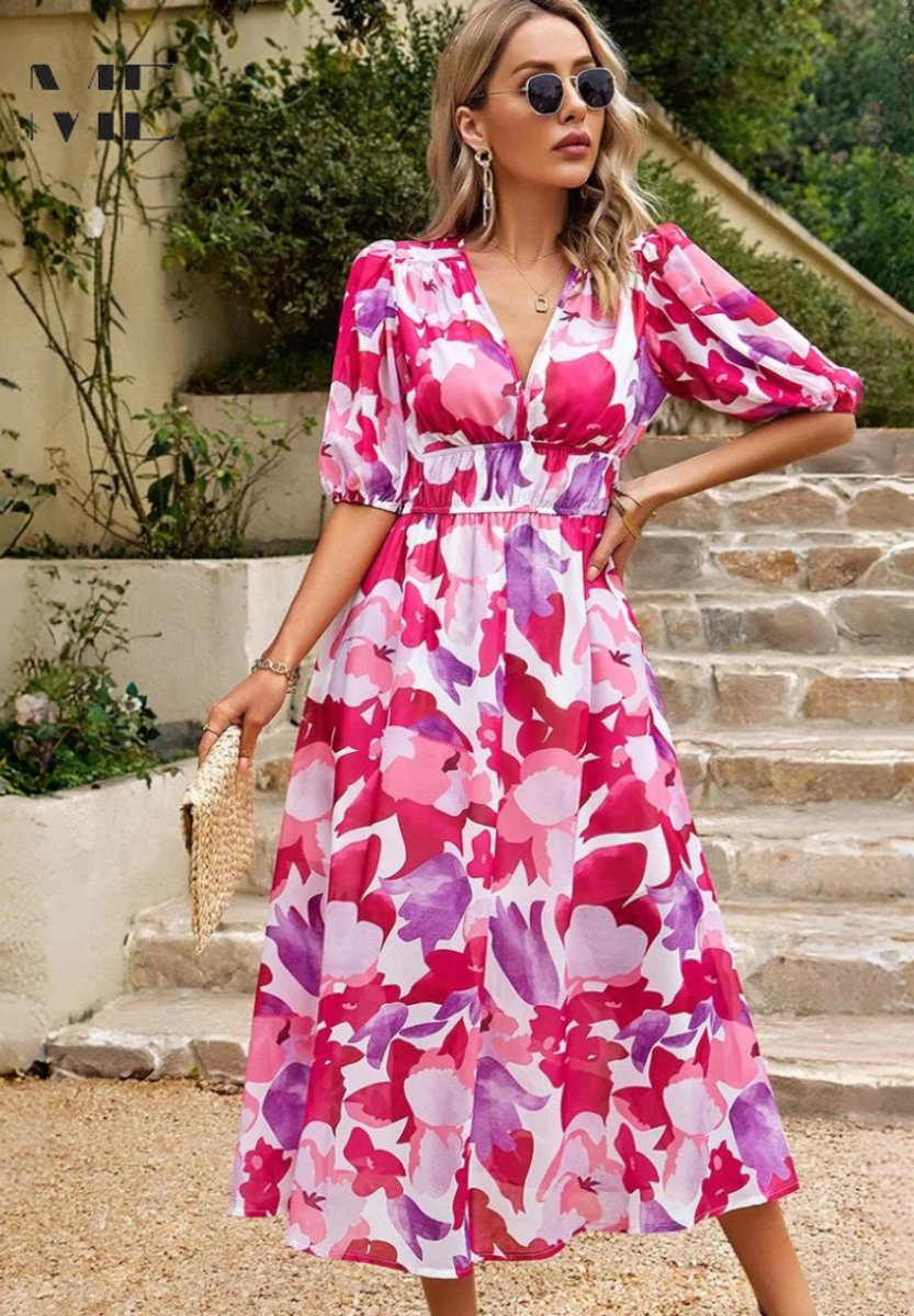 Women's Floral Puff Sleeve V-Neck Midi Dress - Pink