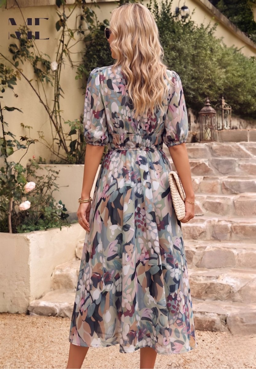 Women's Floral Puff Sleeve V-Neck Midi Dress