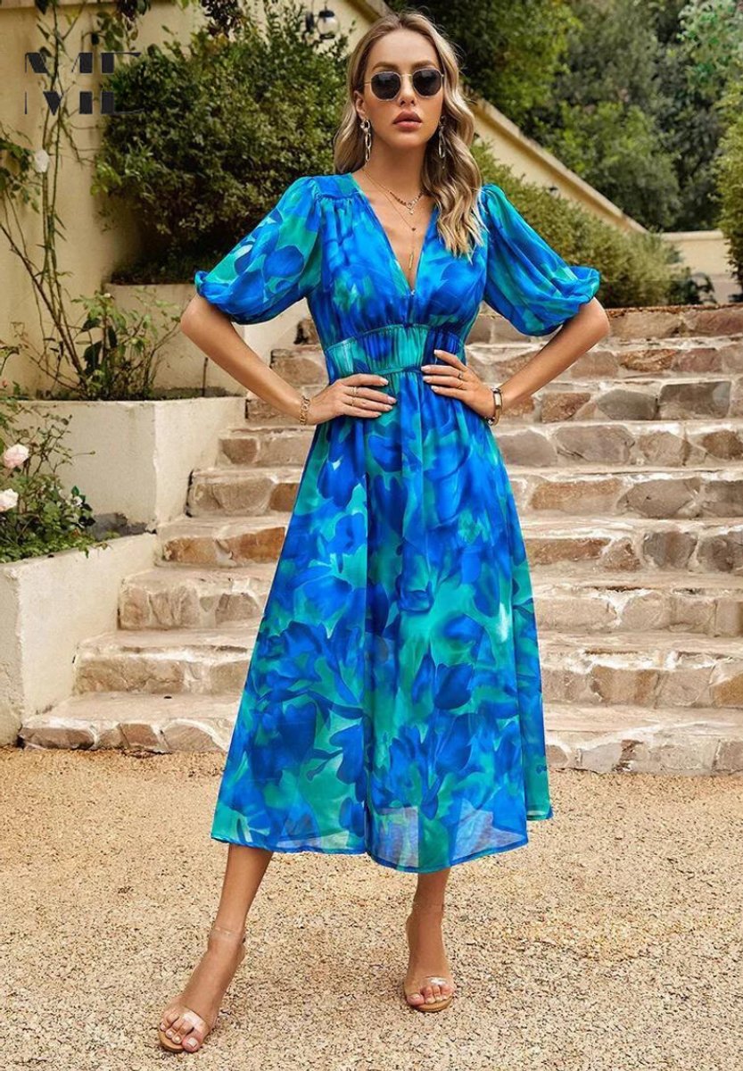 Women's Floral Puff Sleeve V-Neck Midi Dress - Blue