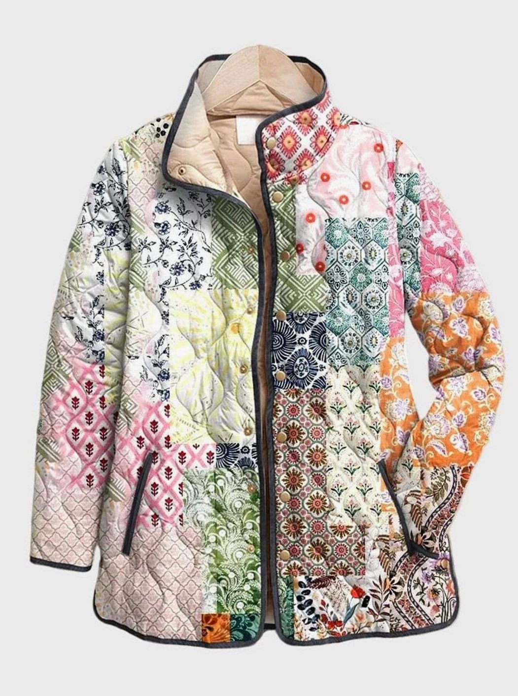Women's Floral Quilted Patchwork Print Quilted Jacket - Multicolour