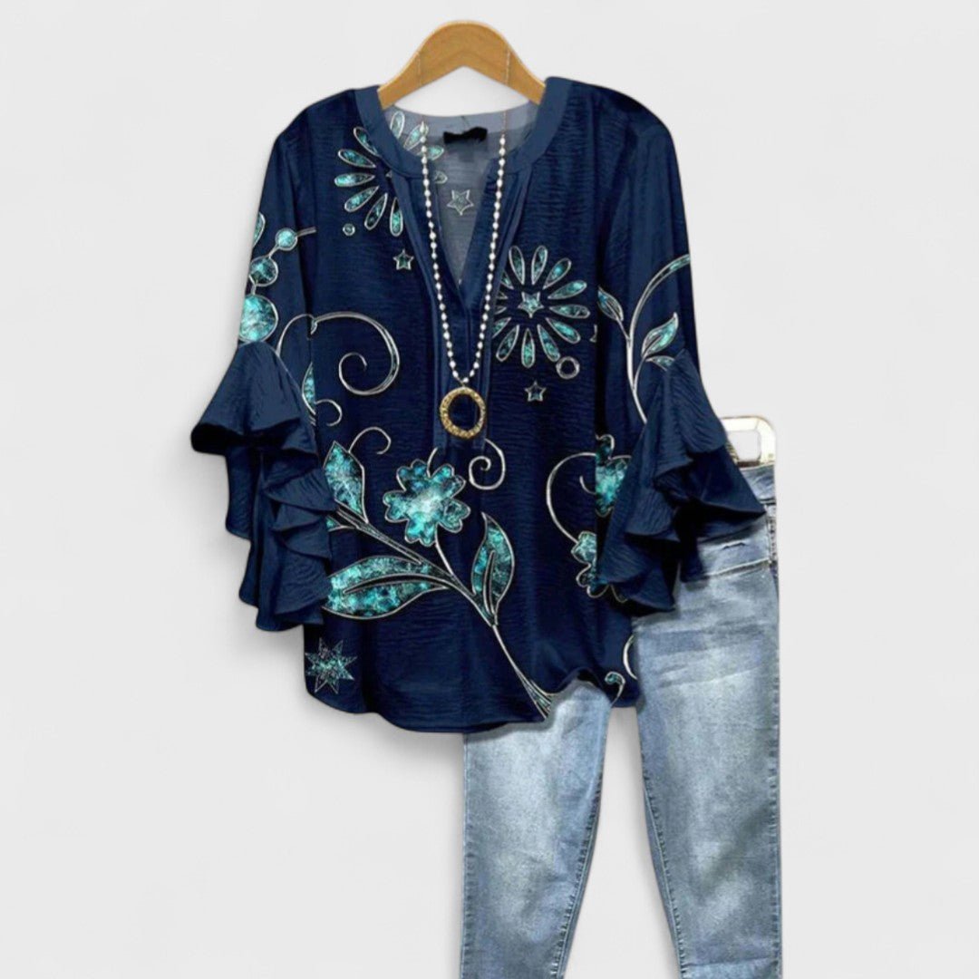Women's Floral Ruffle-Sleeve V-Neck Lightweight Blouse - Dark Blue