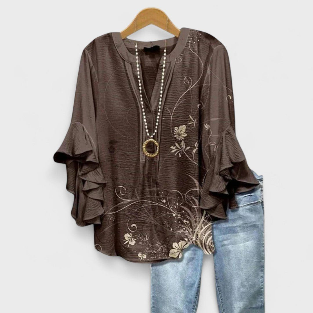 Women's Floral Ruffle-Sleeve V-Neck Lightweight Blouse - Brown