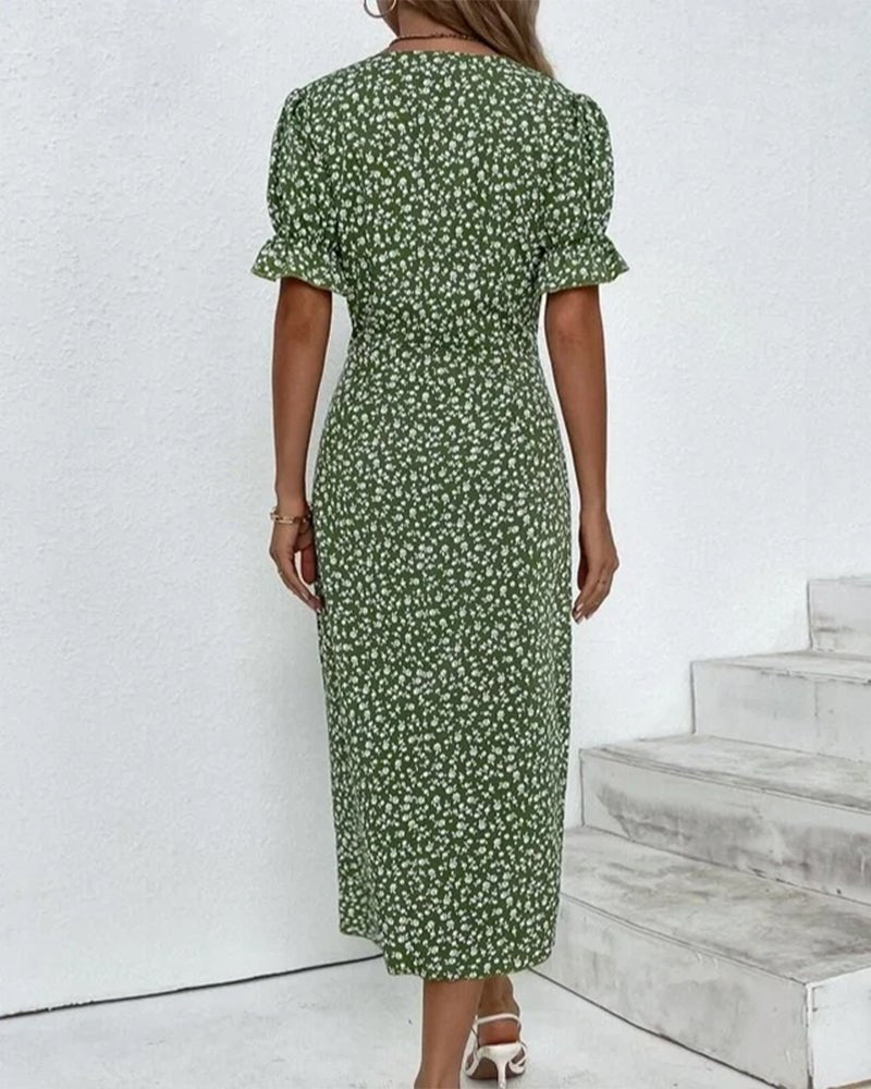 Women's Floral Ruffle-Sleeve V-Neck Midi Wrap Dress