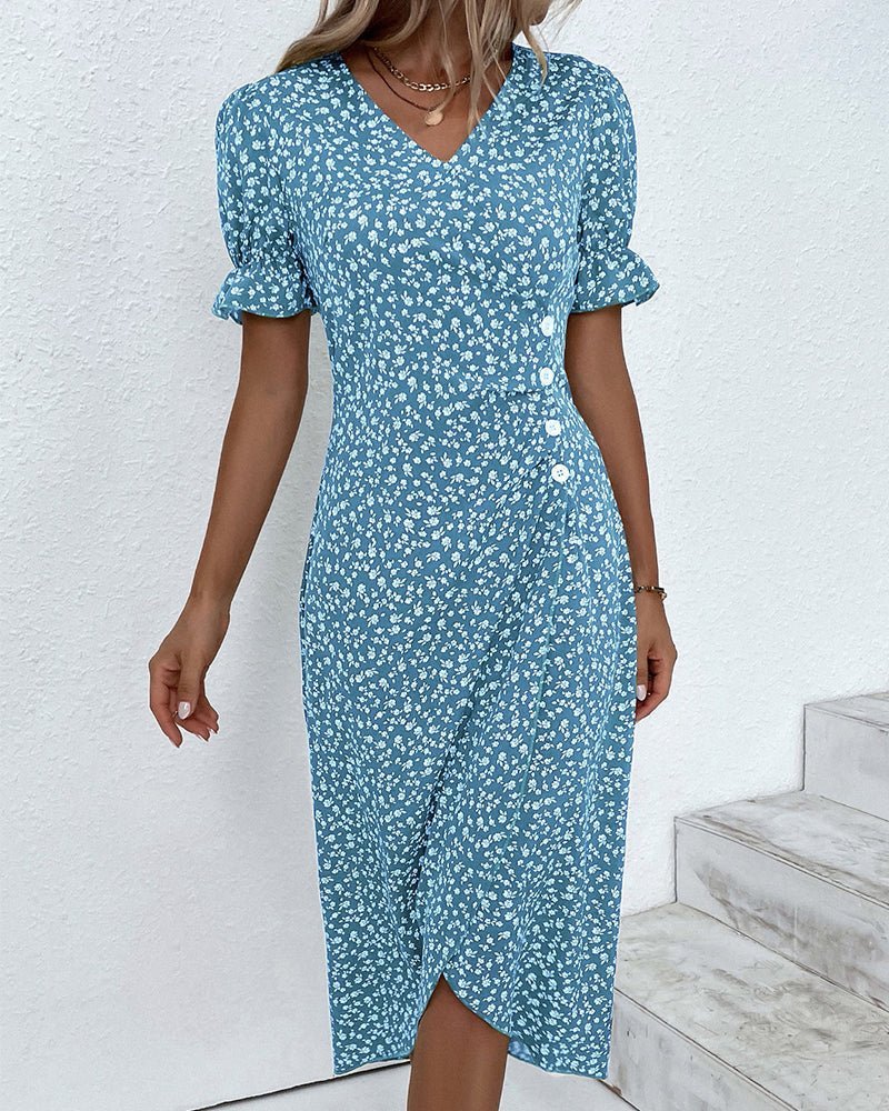 Women's Floral Ruffle-Sleeve V-Neck Midi Wrap Dress - Blue