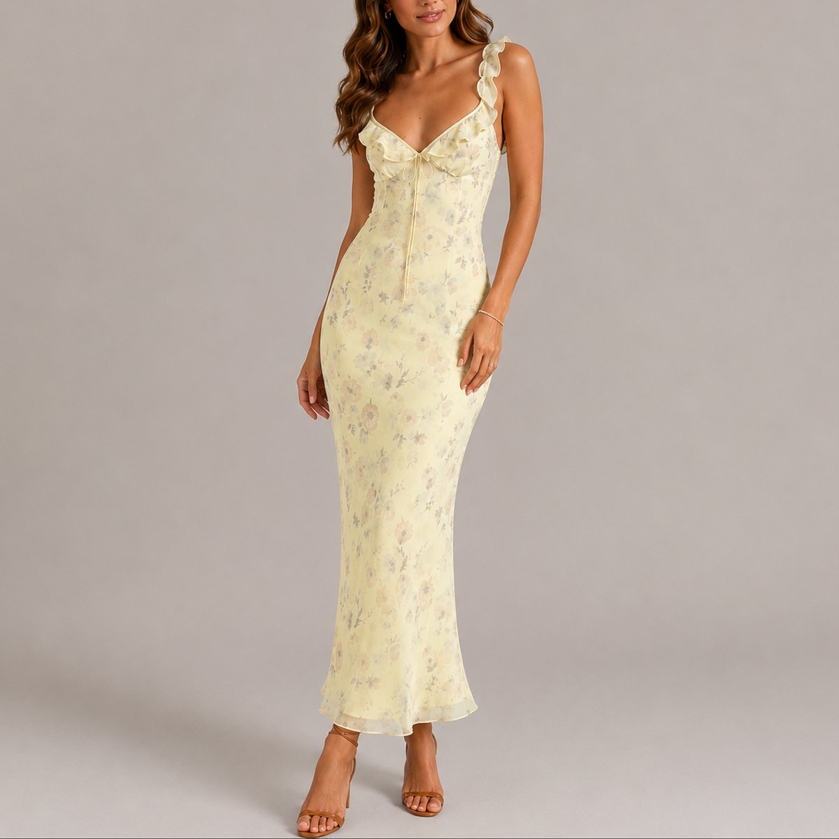 Women's Floral Ruffle-Strap Fitted Maxi Dress - Yellow