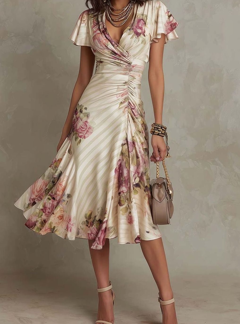 Women's Floral Satin Midi Dress V-Neck Ruched Wrap Skater - Ivory