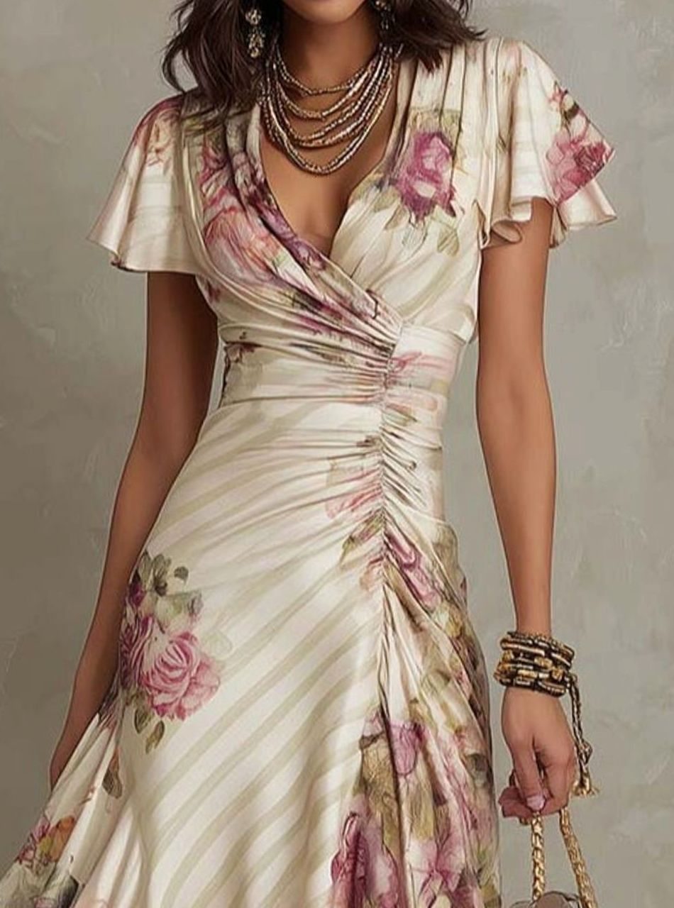 Women's Floral Satin Midi Dress V-Neck Ruched Wrap Skater