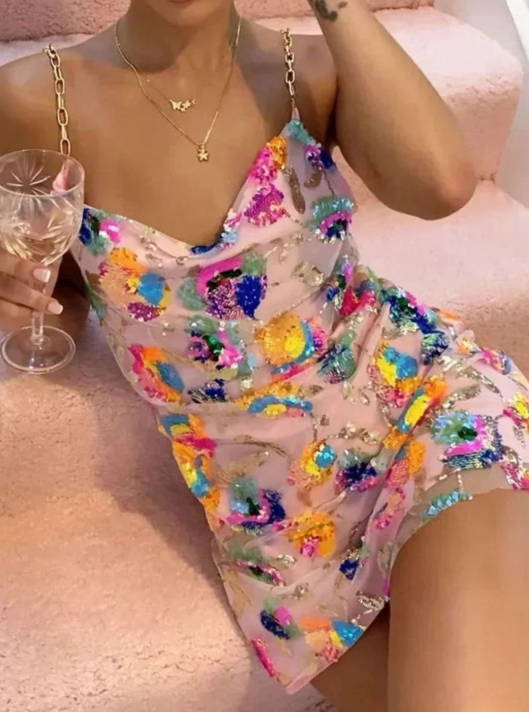 Women's Floral Sequin Chain-Strap Fitted Mini Dress