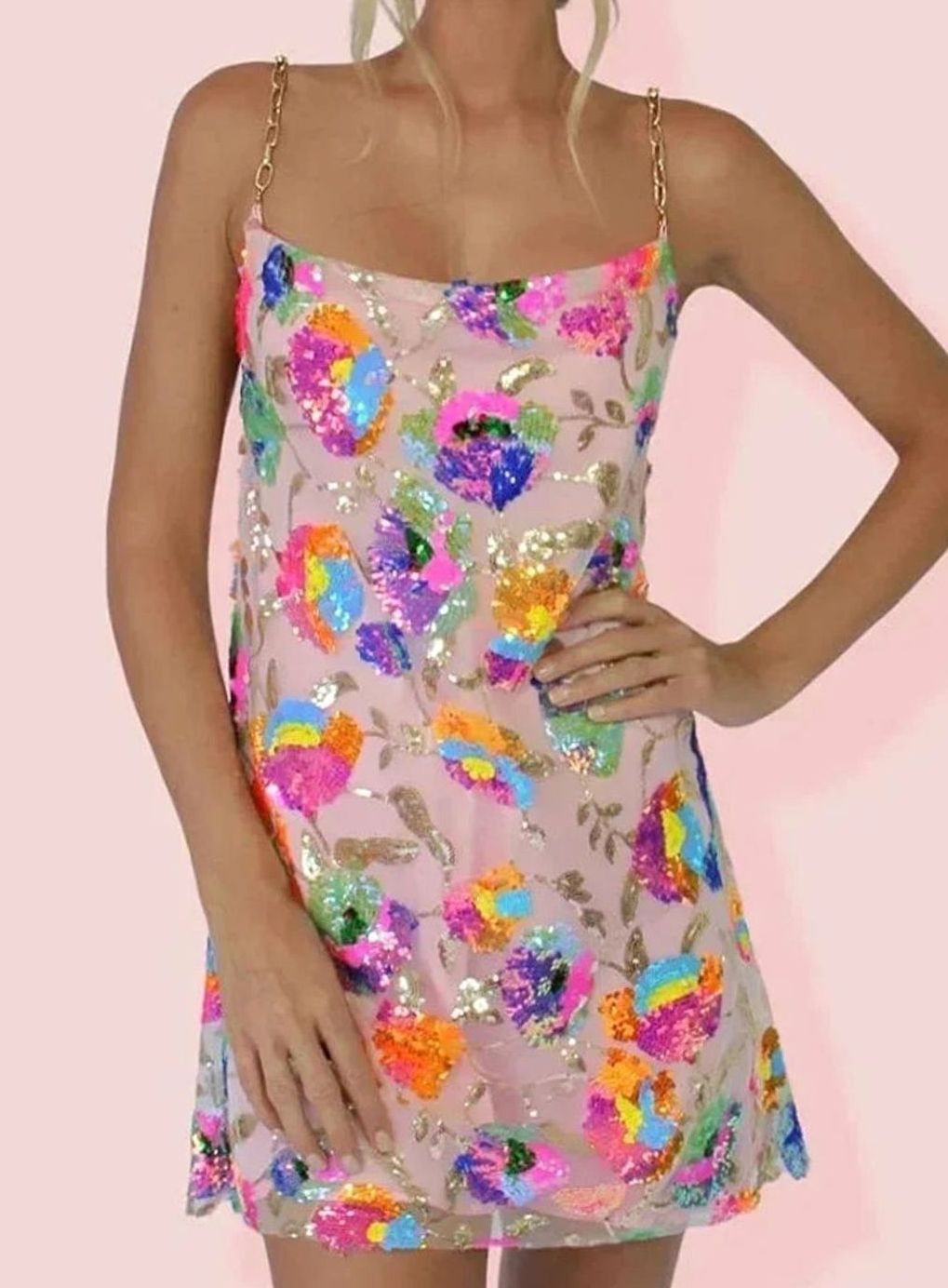 Women's Floral Sequin Chain-Strap Fitted Mini Dress - Pink