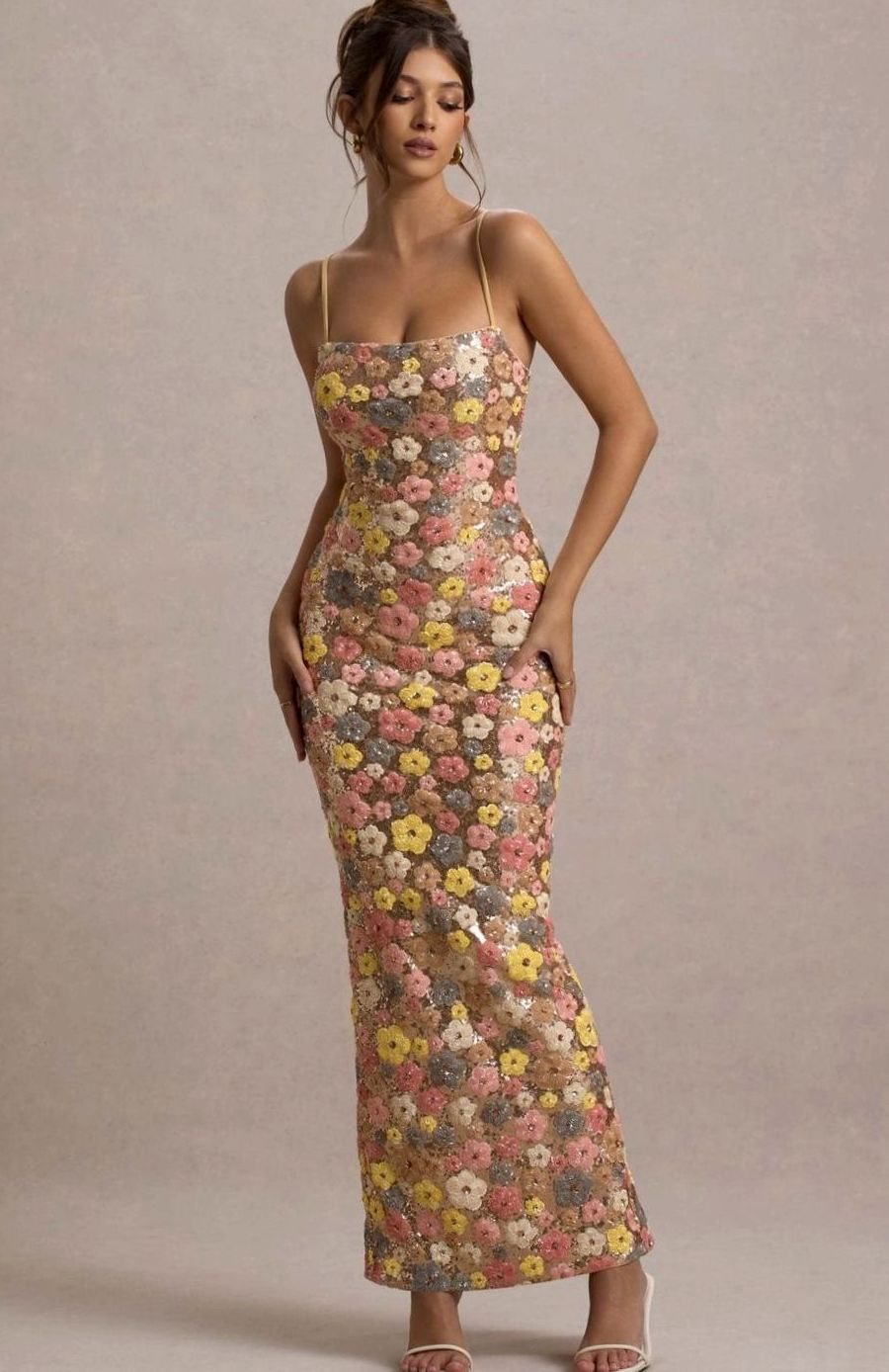 Women's Floral Sequin Slim-Fit Maxi Slip Dress
