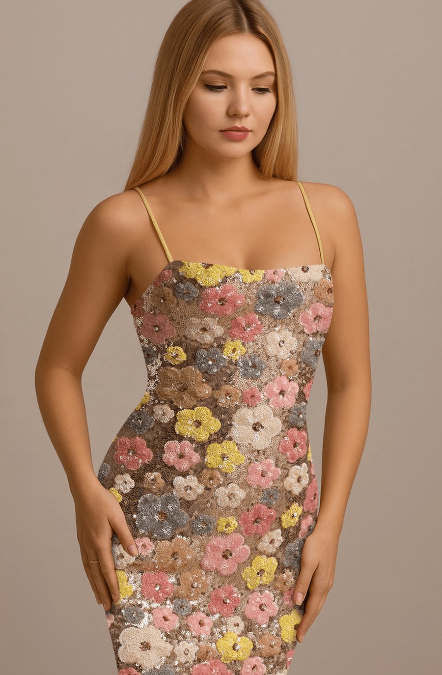 Women's Floral Sequin Slim-Fit Maxi Slip Dress