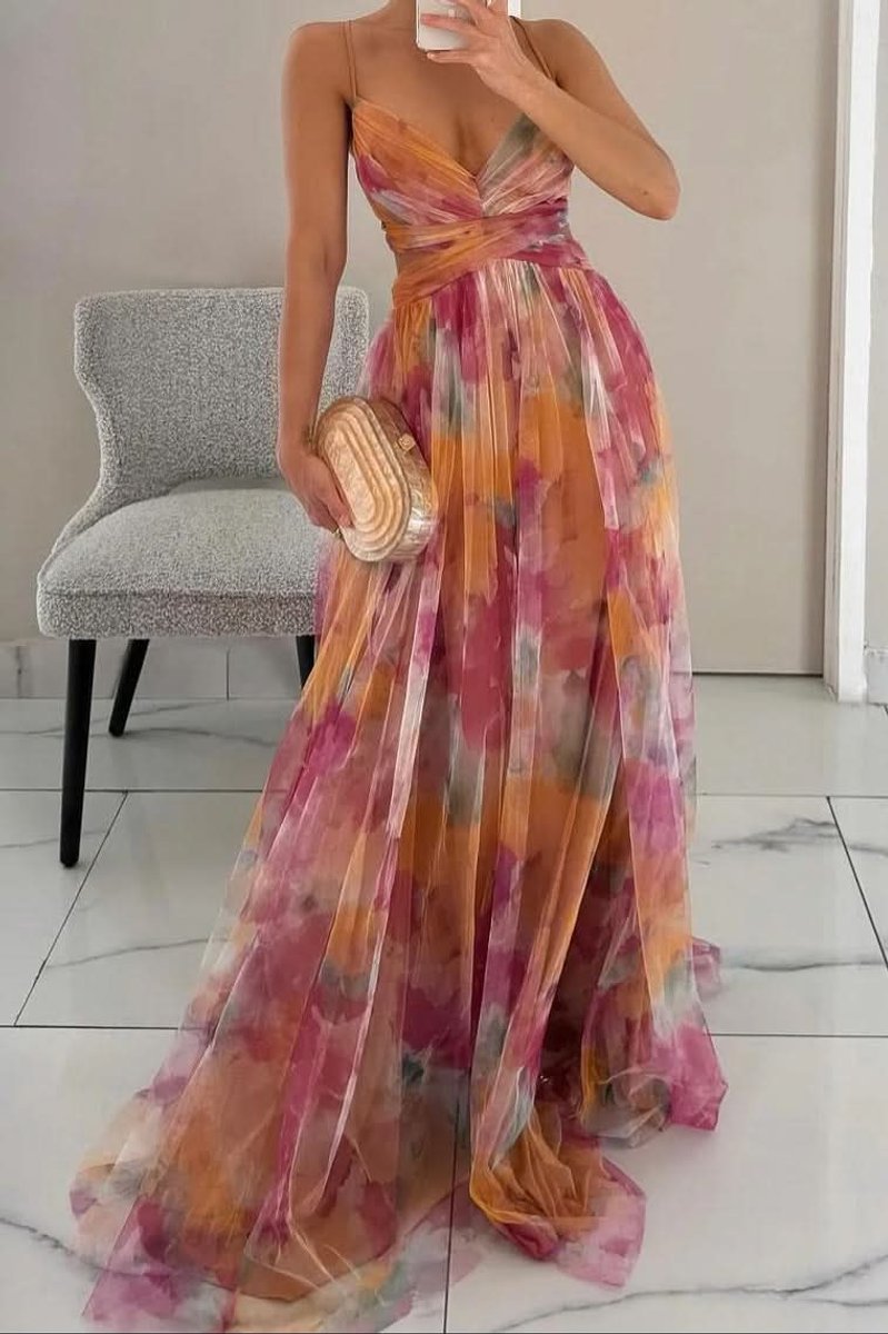 Women's Floral Spaghetti-Strap V-Neck Maxi Cocktail Dress - Orange