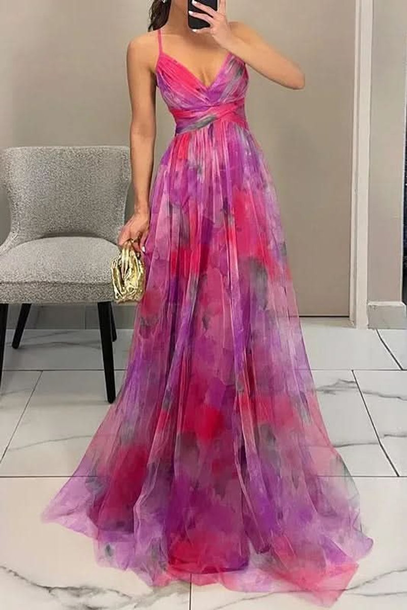 Women's Floral Spaghetti-Strap V-Neck Maxi Cocktail Dress - Pink