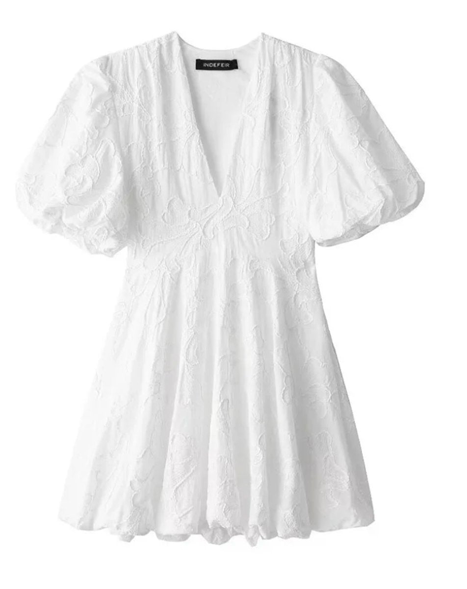 Women's Floral Textured Puff Sleeve Mini Party Dress