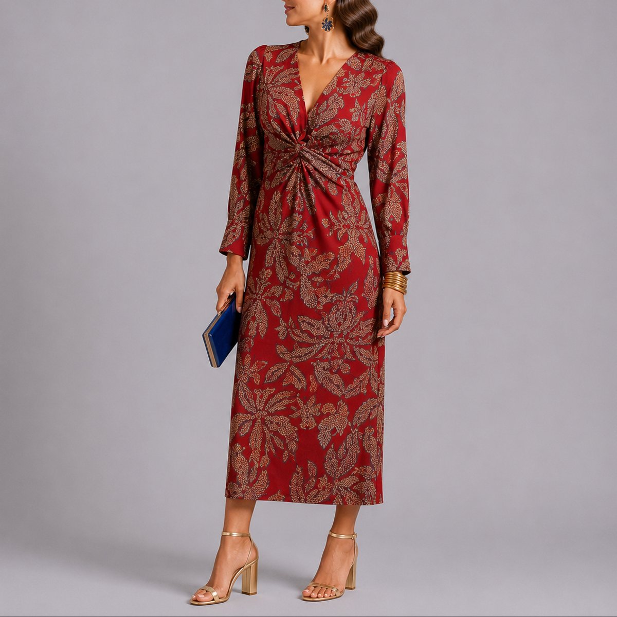 Women's Floral Twist-Front V-Neck Long-Sleeve Midi Dress - Red
