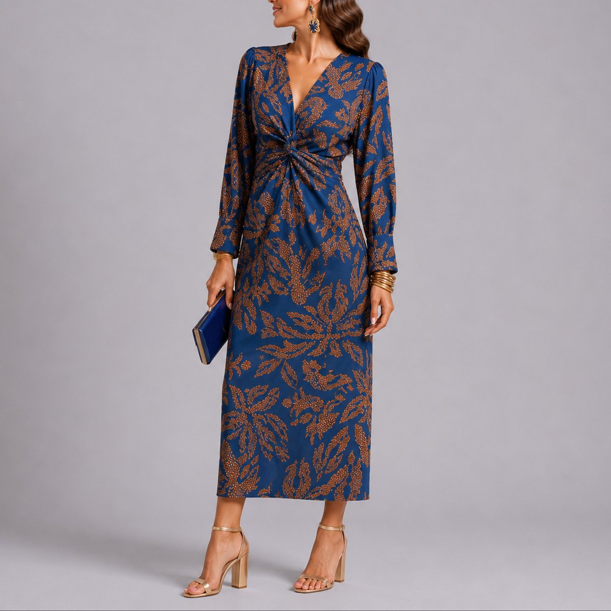 Women's Floral Twist-Front V-Neck Long-Sleeve Midi Dress - Blue