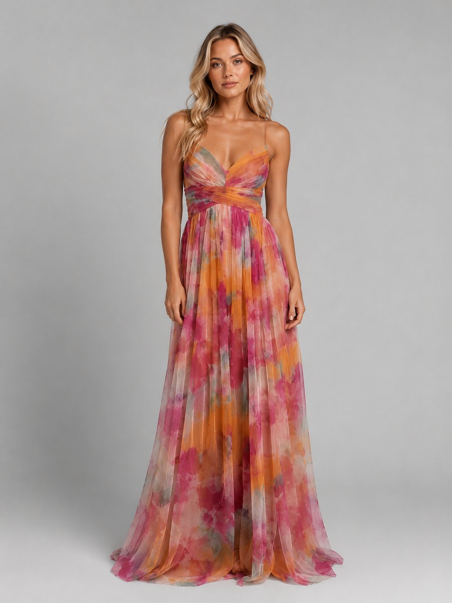 Women's Floral V-Neck Chiffon Maxi Dress Flowing Silhouette - Orange