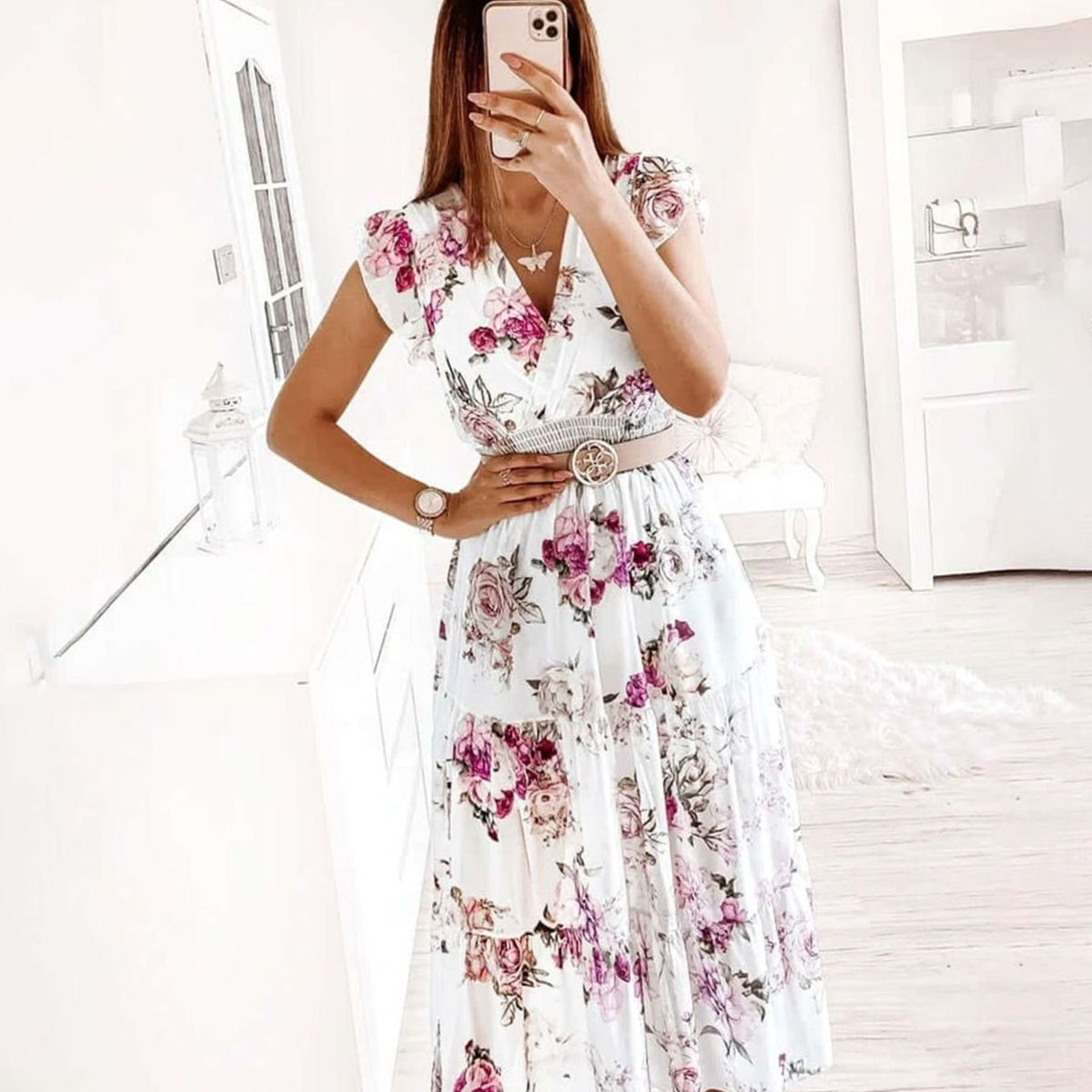 Women's Floral V-Neck Smocked Waist Short Sleeve Midi Dress - Pink