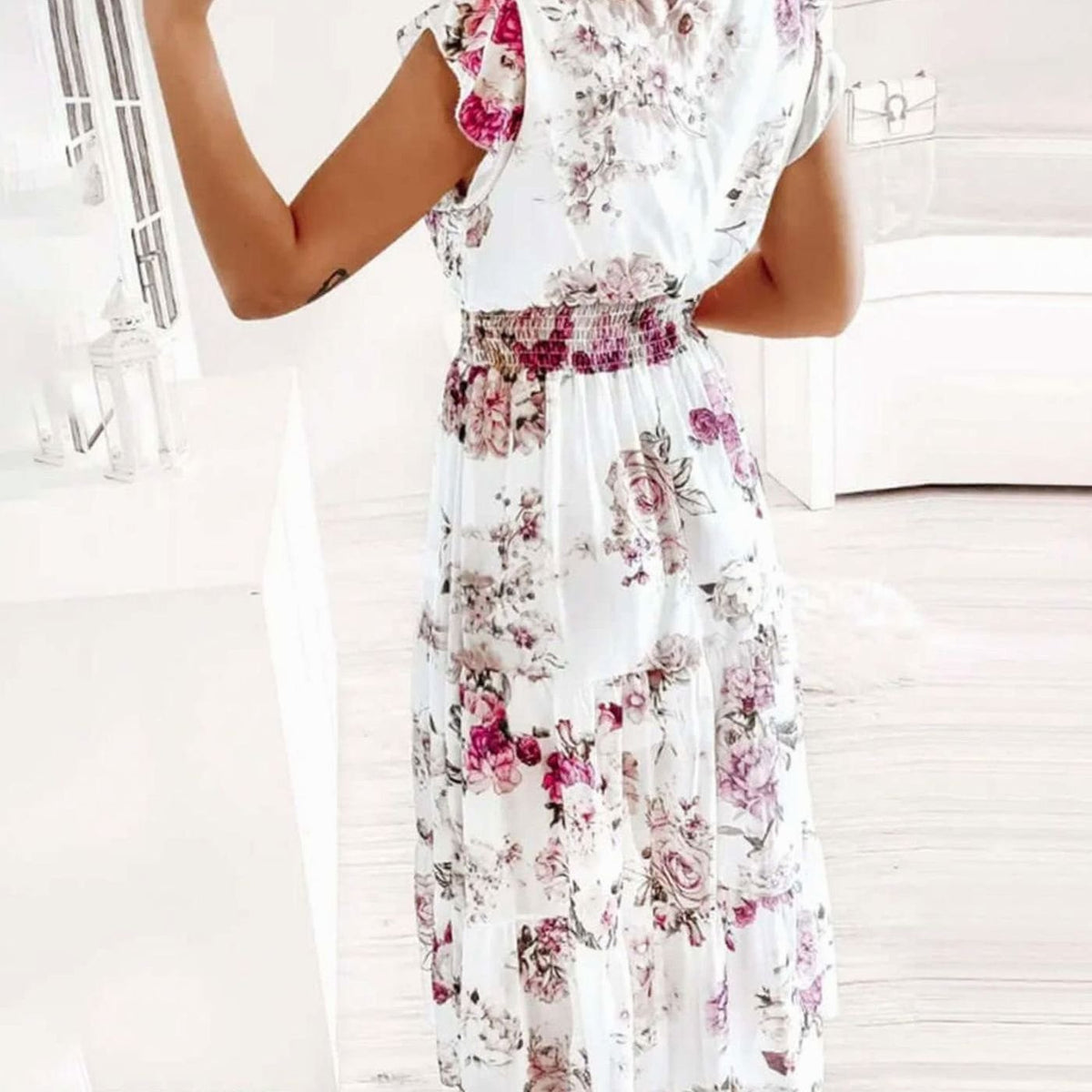 Women's Floral V-Neck Smocked Waist Short Sleeve Midi Dress