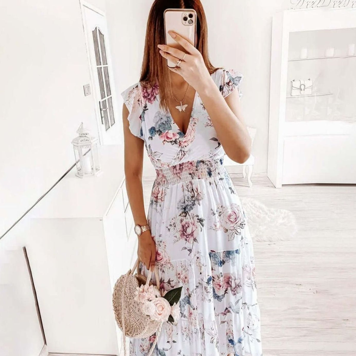 Women's Floral V-Neck Smocked Waist Short Sleeve Midi Dress - Blue
