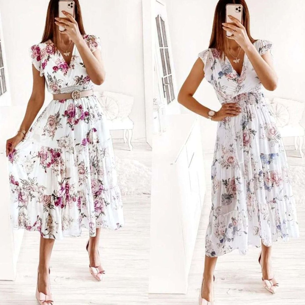Women's Floral V-Neck Smocked Waist Short Sleeve Midi Dress