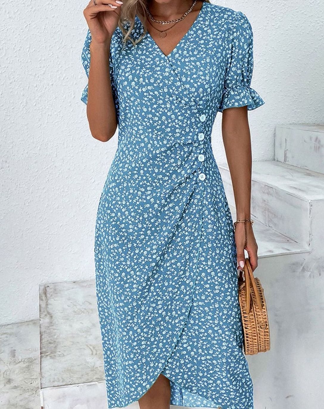 Women's Floral V-Neck Wrap Midi Dress Puff Sleeve - Blue