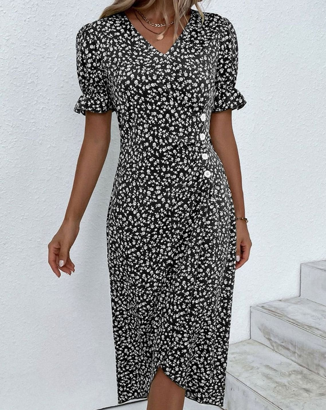 Women's Floral V-Neck Wrap Midi Dress Puff Sleeve