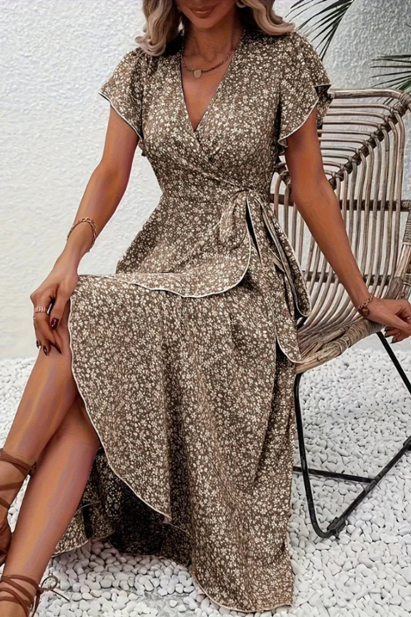 Women's Floral Wrap Midi Evening Gown Short-Sleeve Dress - Camel