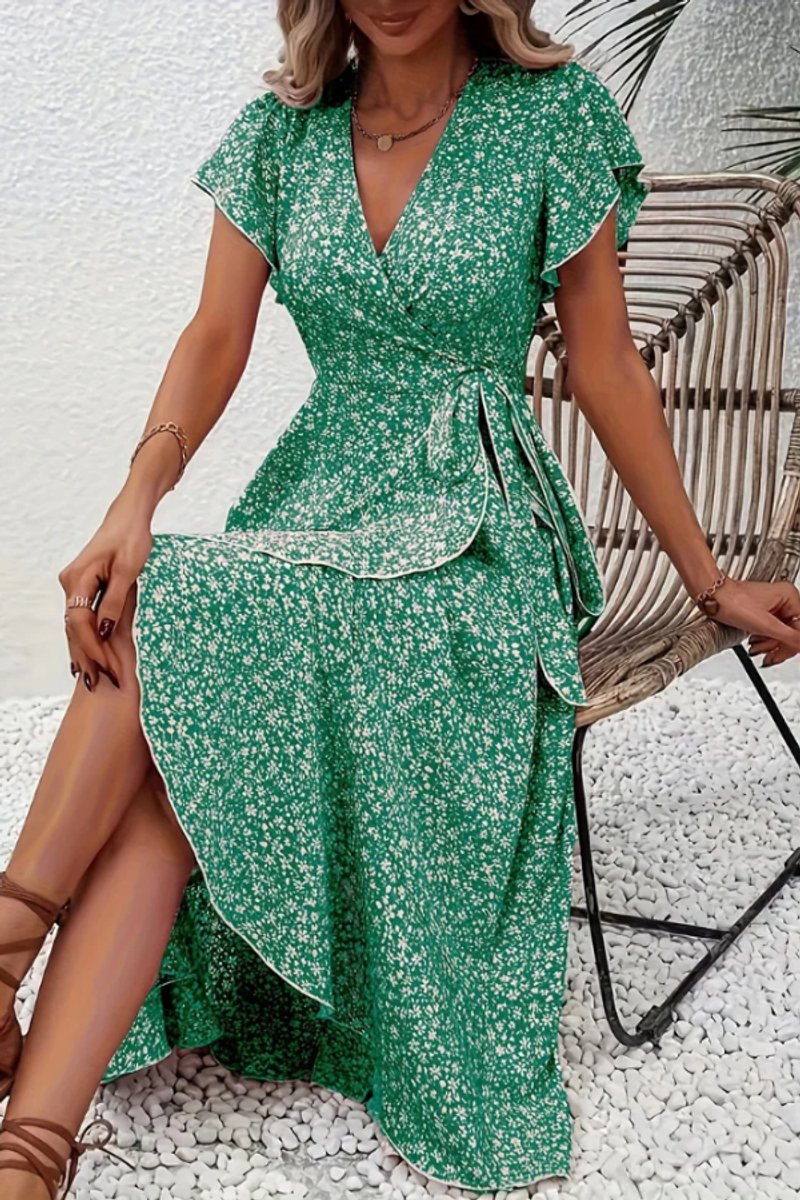Women's Floral Wrap Midi Evening Gown Short-Sleeve Dress - Green