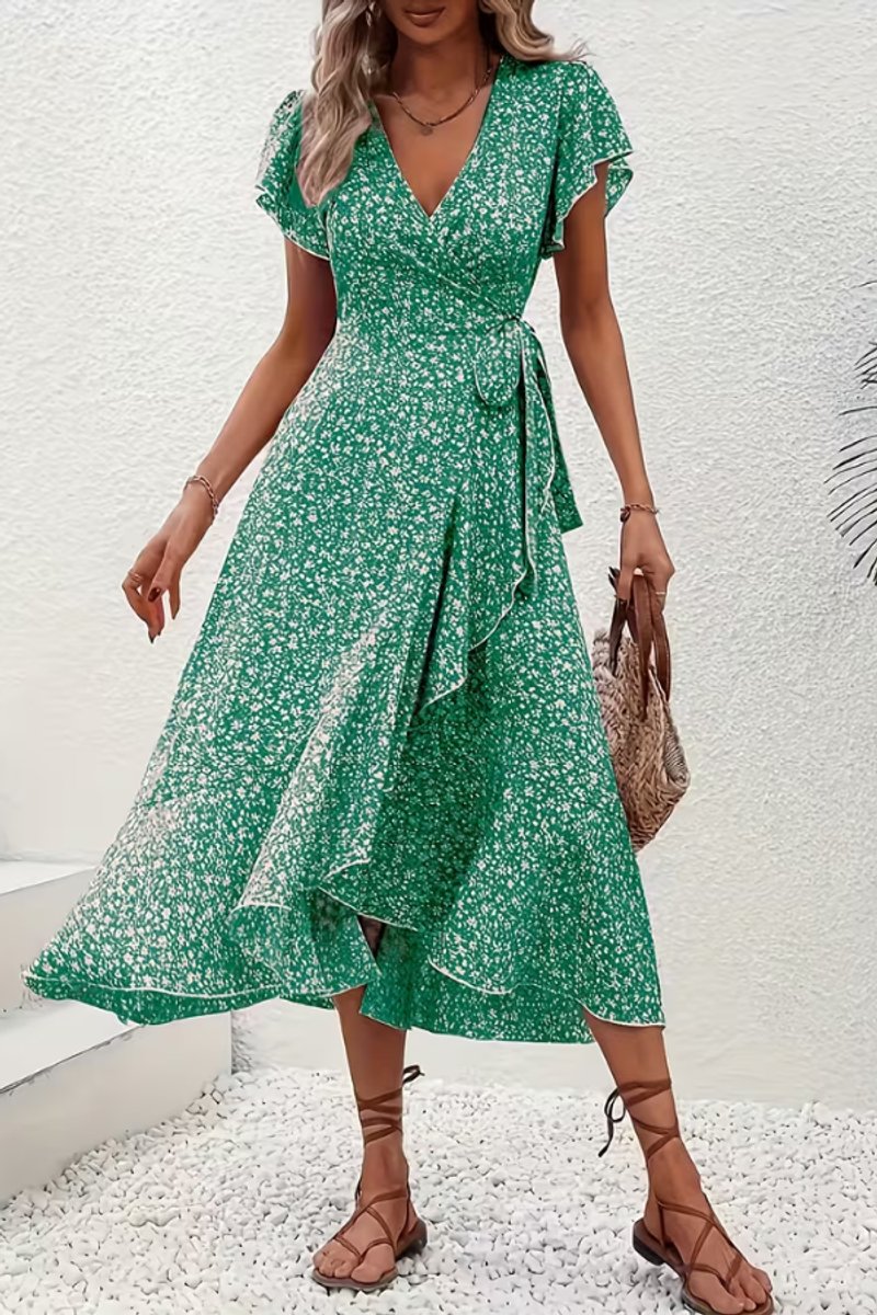 Women's Floral Wrap Midi Evening Gown Short-Sleeve Dress